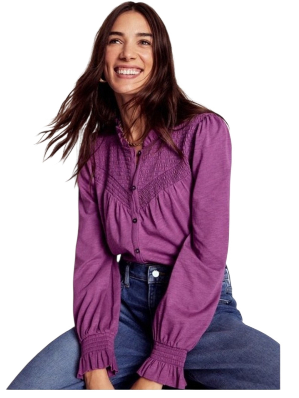 Boden Magenta Smocked Yoke Button-Front Blouse